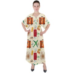 Suitcase Tickets Plane Camera V-neck Boho Style Maxi Dress by Ravend