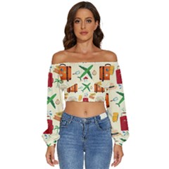 Suitcase Tickets Plane Camera Long Sleeve Crinkled Weave Crop Top