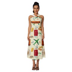 Suitcase Tickets Plane Camera Sleeveless Cross Front Cocktail Midi Chiffon Dress