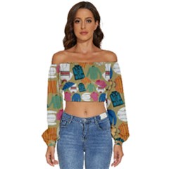 Pattern Art T-shirt Shirts Clothing Fabric Long Sleeve Crinkled Weave Crop Top