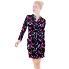 Heels Shoes Pattern Feminine Art Button Long Sleeve Dress by Ravend