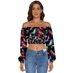 Heels Shoes Pattern Feminine Art Long Sleeve Crinkled Weave Crop Top