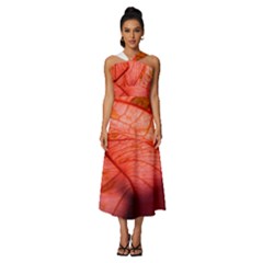 Leaf Copper Leaf Plant Nature Sleeveless Cross Front Cocktail Midi Chiffon Dress