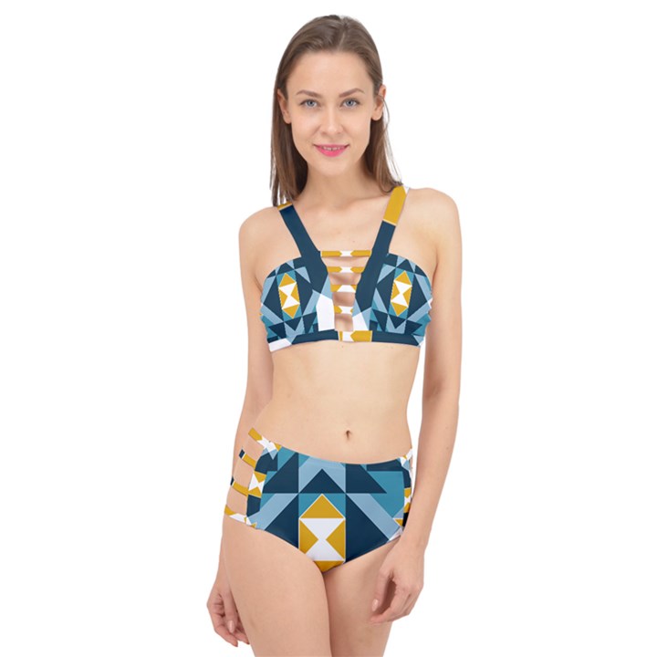 Abstract Pattern T- Shirt Hourglass Pattern  Sunburst Tones Abstract  Blue And Gold  Soft Furnishing Cage Up Bikini Set