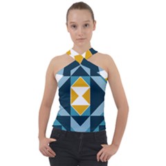 Abstract Pattern T- Shirt Hourglass Pattern  Sunburst Tones Abstract  Blue And Gold  Soft Furnishing Cross Neck Velour Top