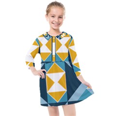 Abstract Pattern T- Shirt Hourglass Pattern  Sunburst Tones Abstract  Blue And Gold  Soft Furnishing Kids  Quarter Sleeve Shirt Dress