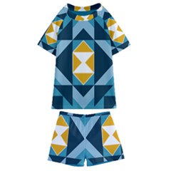 Abstract Pattern T- Shirt Hourglass Pattern  Sunburst Tones Abstract  Blue And Gold  Soft Furnishing Kids  Swim Tee And Shorts Set by maxcute