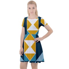 Abstract Pattern T- Shirt Hourglass Pattern  Sunburst Tones Abstract  Blue And Gold  Soft Furnishing Cap Sleeve Velour Dress  by maxcute