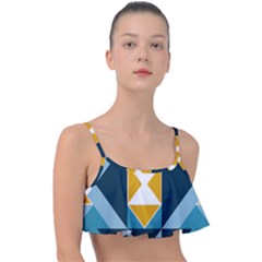 Abstract Pattern T- Shirt Hourglass Pattern  Sunburst Tones Abstract  Blue And Gold  Soft Furnishing Frill Bikini Top by maxcute