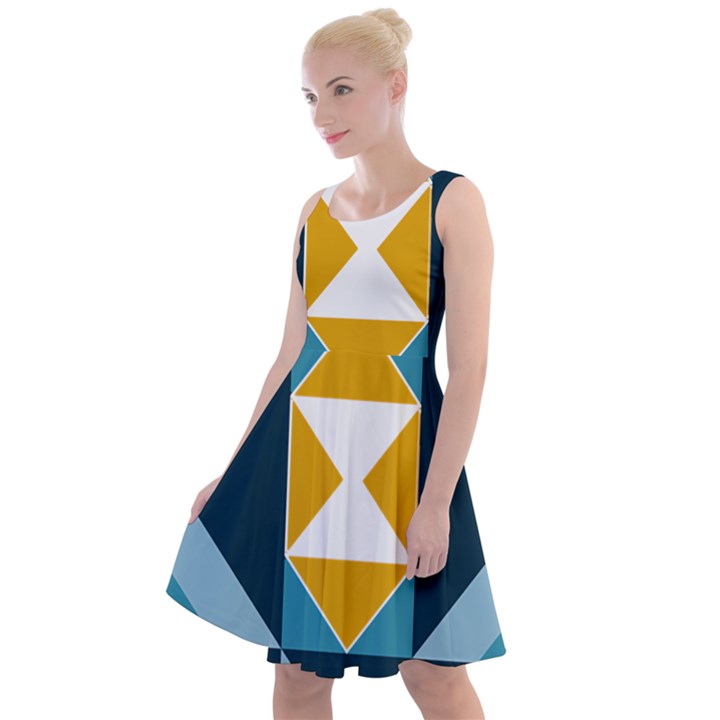 Abstract Pattern T- Shirt Hourglass Pattern  Sunburst Tones Abstract  Blue And Gold  Soft Furnishing Knee Length Skater Dress