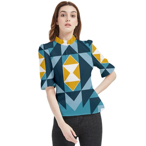 Abstract Pattern T- Shirt Hourglass Pattern  Sunburst Tones Abstract  Blue And Gold  Soft Furnishing Frill Neck Blouse by maxcute