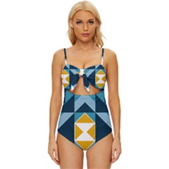 Abstract Pattern T- Shirt Hourglass Pattern  Sunburst Tones Abstract  Blue And Gold  Soft Furnishing Knot Front One-piece Swimsuit by maxcute