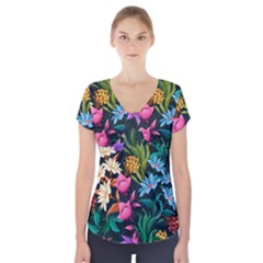 Floral Print  Short Sleeve Front Detail Top