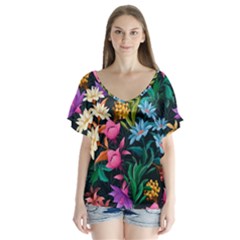 Floral print  V-Neck Flutter Sleeve Top