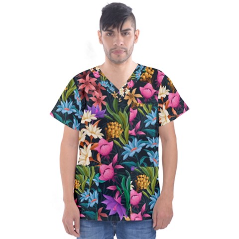 Floral Print  Men s V-neck Scrub Top by BellaVistaTshirt02