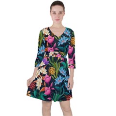 Floral print  Quarter Sleeve Ruffle Waist Dress