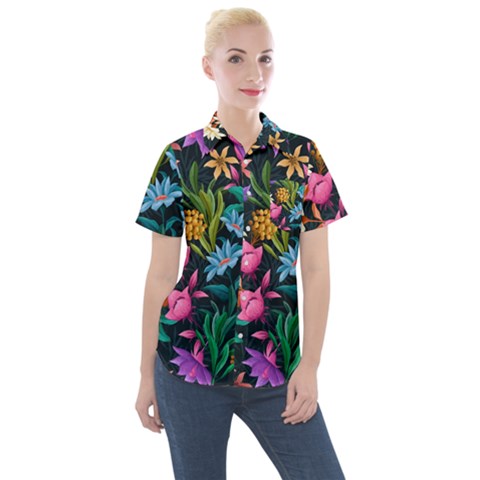 Floral Print  Women s Short Sleeve Pocket Shirt by BellaVistaTshirt02