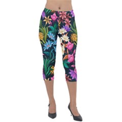 Floral Print  Lightweight Velour Capri Leggings  by BellaVistaTshirt02