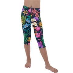 Floral Print  Kids  Lightweight Velour Capri Leggings 