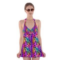 Rainbow Leopard Halter Dress Swimsuit  by DinkovaArt