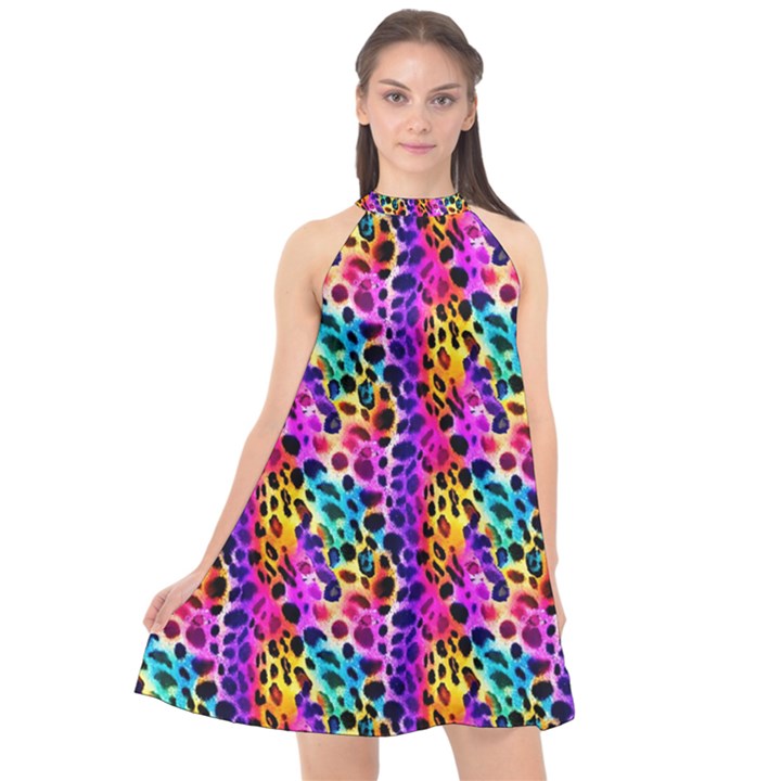 Rainbow Leopard Halter Neckline Chiffon Dress 