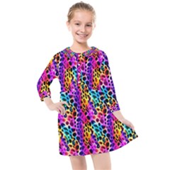 Rainbow Leopard Kids  Quarter Sleeve Shirt Dress by DinkovaArt