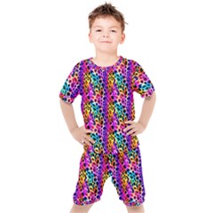 Rainbow Leopard Kids  Tee And Shorts Set by DinkovaArt