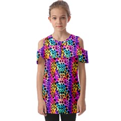 Rainbow Leopard Fold Over Open Sleeve Top