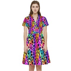 Rainbow Leopard Short Sleeve Waist Detail Dress by DinkovaArt