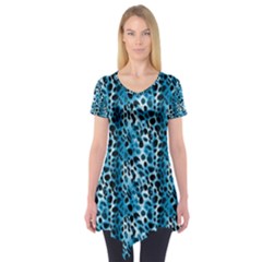 Blue Leopard Short Sleeve Tunic  by DinkovaArt