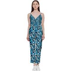 Blue Leopard V-neck Spaghetti Strap Tie Front Jumpsuit by DinkovaArt