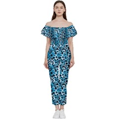 Blue Leopard Off Shoulder Ruffle Top Jumpsuit by DinkovaArt