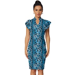 Blue Leopard Vintage Frill Sleeve V-neck Bodycon Dress by DinkovaArt