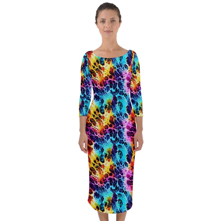 Rainbow Leopard 2 Quarter Sleeve Midi Bodycon Dress