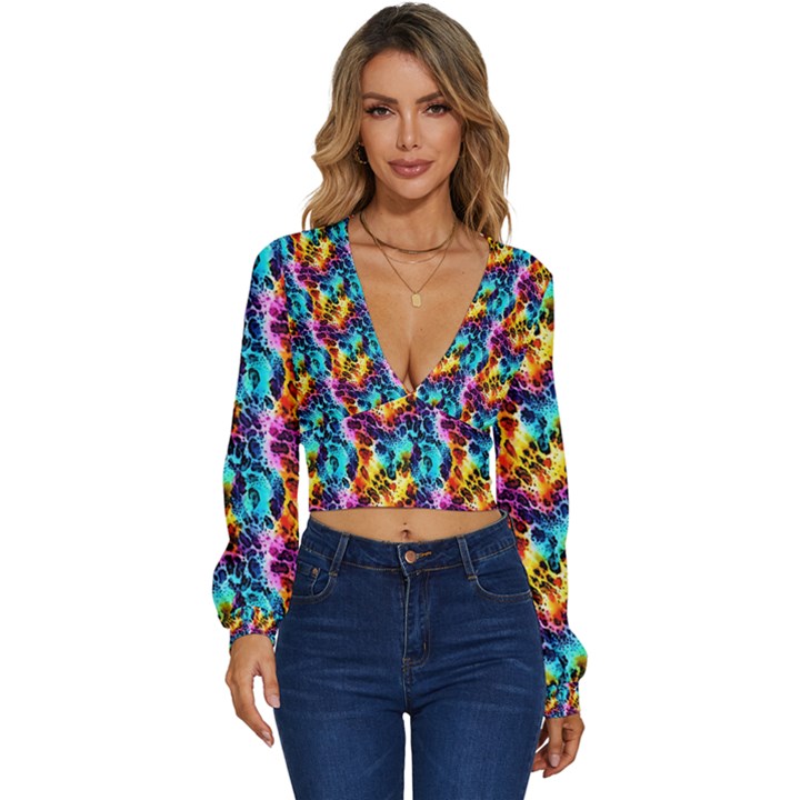 Rainbow Leopard 2 Long Sleeve Deep-V Velour Top