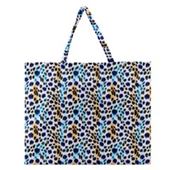 Blue Beige Leopard Zipper Large Tote Bag by DinkovaArt