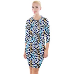 Blue Beige Leopard Quarter Sleeve Hood Bodycon Dress by DinkovaArt