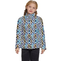 Blue Beige Leopard Kids  Puffer Bubble Jacket Coat by DinkovaArt