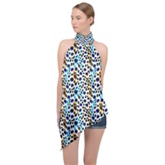 Blue Beige Leopard Halter Asymmetric Satin Top by DinkovaArt