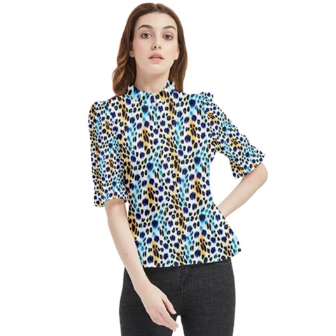 Blue Beige Leopard Frill Neck Blouse by DinkovaArt