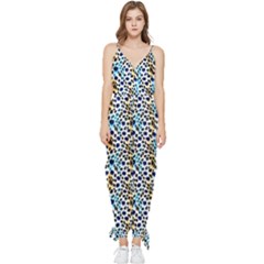 Blue Beige Leopard Sleeveless Tie Ankle Chiffon Jumpsuit by DinkovaArt