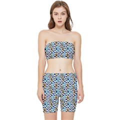 Blue Beige Leopard Stretch Shorts And Tube Top Set