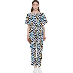 Blue Beige Leopard Batwing Lightweight Chiffon Jumpsuit by DinkovaArt