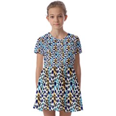 Blue Beige Leopard Kids  Short Sleeve Pinafore Style Dress by DinkovaArt