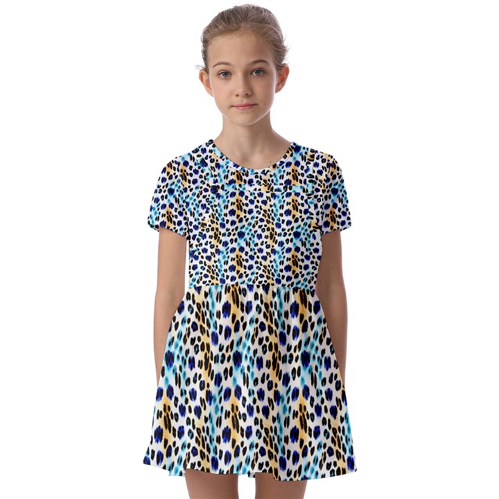 Blue Beige Leopard Kids  Short Sleeve Pinafore Style Dress