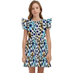 Blue Beige Leopard Kids  Winged Sleeve Dress by DinkovaArt