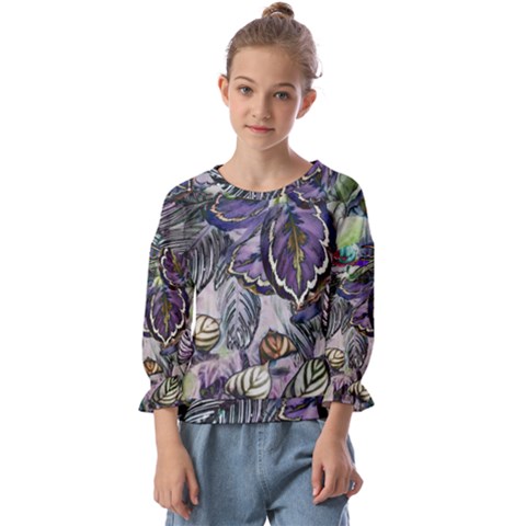 Dark Leaves Kids  Cuff Sleeve Top by DinkovaArt