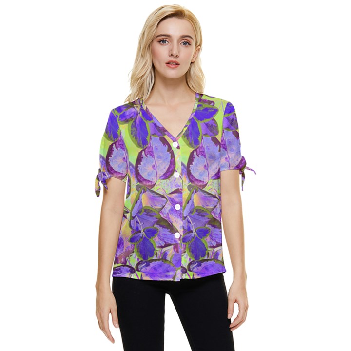 Purple Leaves Bow Sleeve Button Up Top