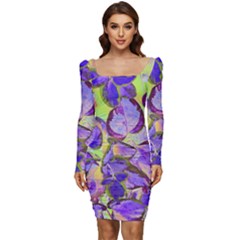 Purple Leaves Women Long Sleeve Ruched Stretch Jersey Dress by DinkovaArt