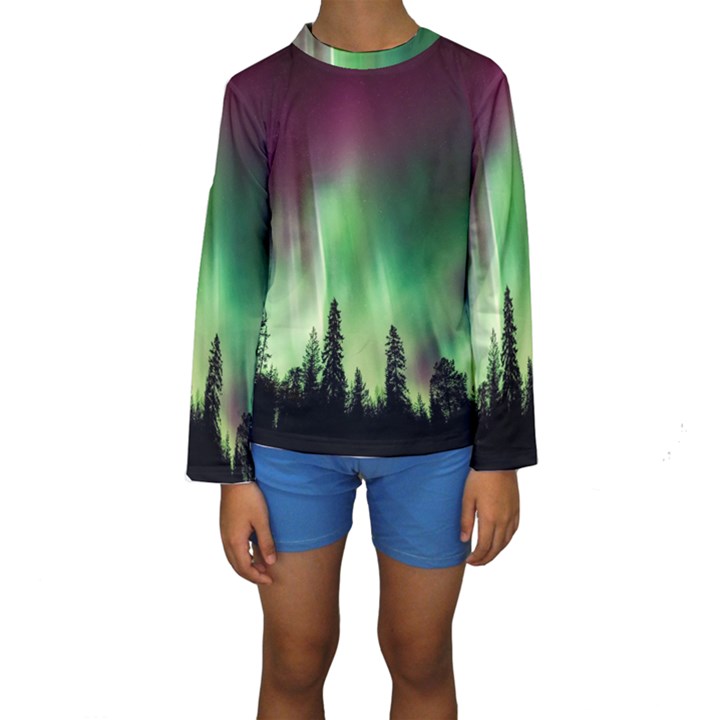 Aurora Borealis Northern Lights Nature Kids  Long Sleeve Swimwear